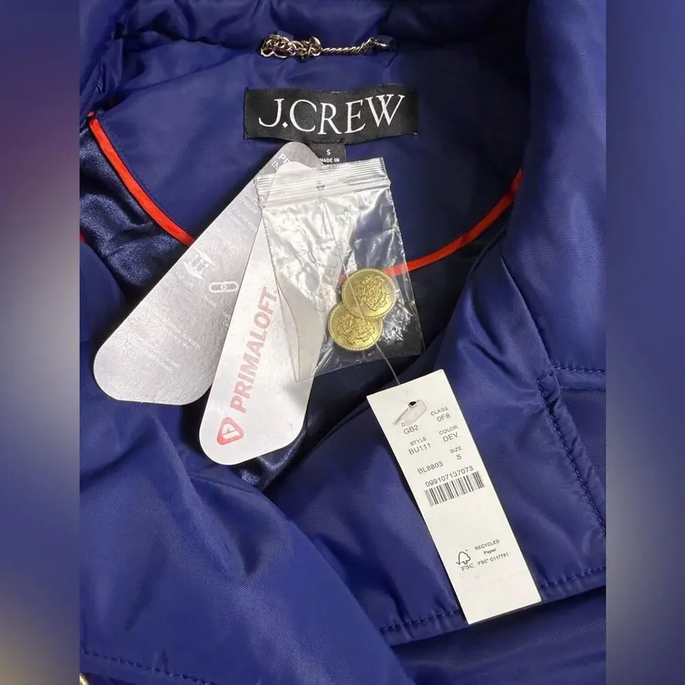 NWT J. Crew Peacoat Puffer Jacket In Lightweight Shiny Nylon Blue Size Small - Picture 8 of 12